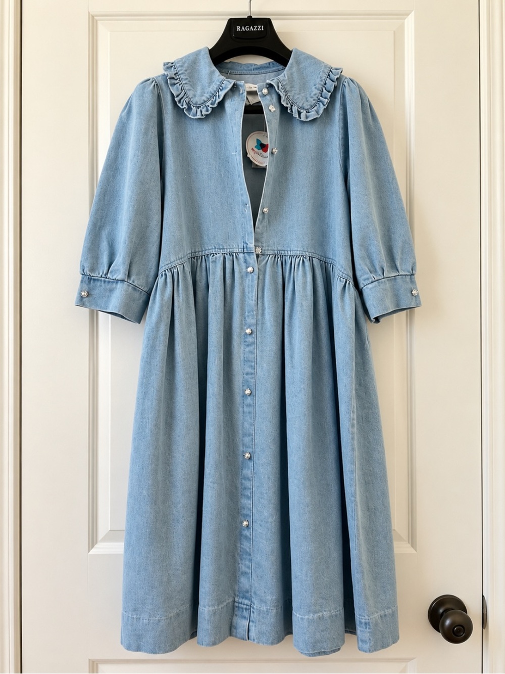 Light Wash Denim Midi Dress with Ruffle Collar & Puff Sleeves